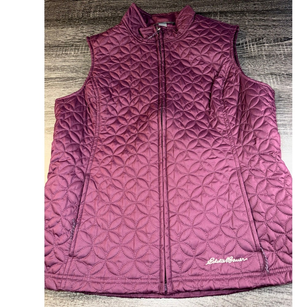 Eddie Bauer Puffer Vest Womens M Burgundy Purple Quilted Full Zip Insulated